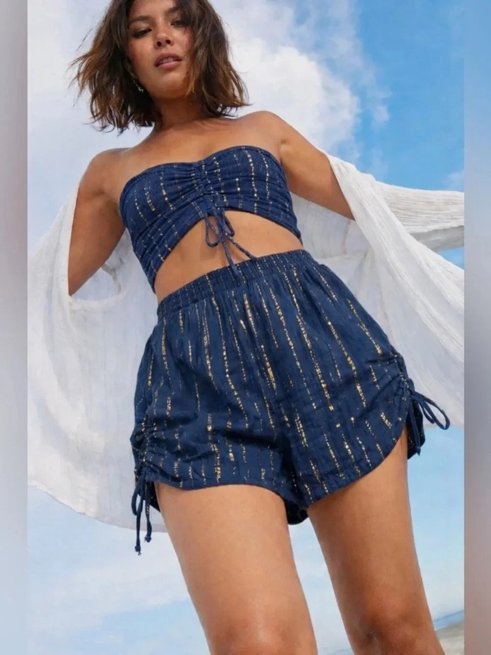 Aerie Pool-To-Party Lurex Cinched Gauze Shorts Blue NWOT Size M